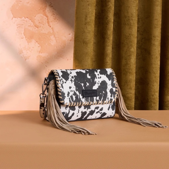 Wrangler Cow Print Fringe Crossbody Bag -Black - Picture 7 of 8